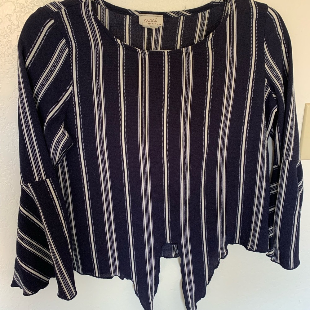 Blue long bell sleeve striped shirt. Size small.